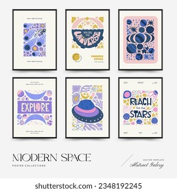 Abstract space and cosmos posters template. Modern trendy Matisse minimal style. Astronomy and Stellar decor. Hand drawn design for wallpaper, wall decor, print, postcard, cover, template, banner