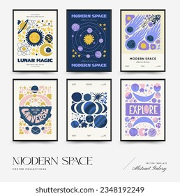 Abstract space and cosmos posters template. Modern trendy Matisse minimal style. Astronomy and Stellar decor. Hand drawn design for wallpaper, wall decor, print, postcard, cover, template, banner