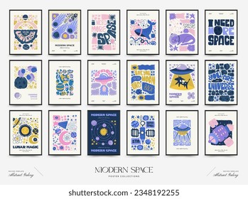 Plantilla de afiches de espacio abstracto y cosmos. Moderna moda Matisse minimalista. Astronomía y decoración estelar. Diseño dibujado a mano para papel de pared, decoración de pared, impresión, postal, cubierta, plantilla, banner