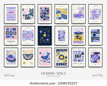 Abstract space and cosmos posters template. Modern trendy Matisse minimal style. Astronomy and Stellar decor. Hand drawn design for wallpaper, wall decor, print, postcard, cover, template, banner