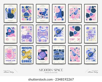 Abstract space and cosmos posters template. Modern trendy Matisse minimal style. Astronomy and Stellar decor. Hand drawn design for wallpaper, wall decor, print, postcard, cover, template, banner