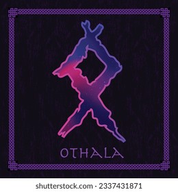 Abstract space dark background with viking symbol isolated. Scandinavian Othala rune silhouette with meaning text