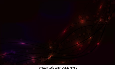 Abstract space dark background with wavy lines and asterisks. Dark stars on a colored sky background. Vector illustration