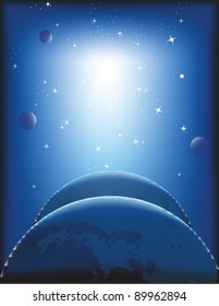 Abstract space design with planets and stars. Vector illustration.