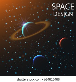 abstract space elements and planets with shine sparkles isolated on dark background