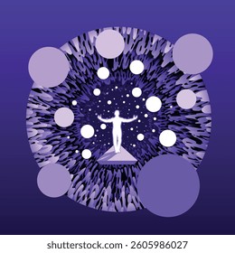 Abstract space figure on a platform slowly flying surrounded by shining spheres