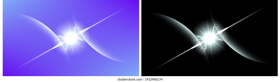 Abstract space futuristic background. Bright flash, glowing diverging oval waves and rays between two planets. EPS10