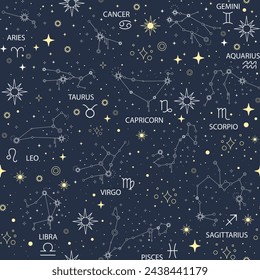 Abstract space galaxy constellation seamless pattern. Boho mystical esoteric. Vector illustration navy cosmic background for textile, astrology, phone case, wrapping paper, zodiac star yoga mat
