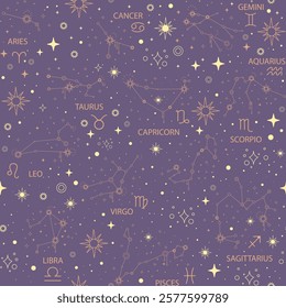 Abstract space galaxy constellation seamless pattern. Boho mystical esoteric. Vector illustration navy cosmic background for textile, astrology, phone case, wrapping paper, zodiac star yoga mat