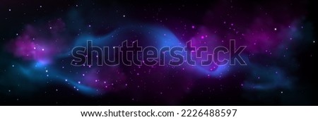 Abstract space galaxy view with colorful blue and pink cloud, many stars sparkling in darkness of deep universe. Fantastic colorful Northern Lights glowing in night sky. Realistic vector illustration