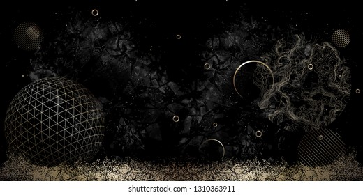 Abstract space with gold elements illustration on black background. Vector.