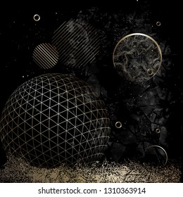 Abstract space with gold elements illustration on black background. Vector.