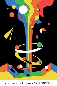 Ilustración del espacio abstracto, formas 3d, volcán colorido