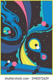 Abstract Space Illustration 3d Shapes Background, Stars and Planets Vintage Colors 