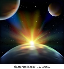 abstract space illustration with earth planets and sunrise
