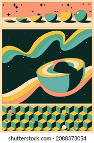 Abstract Space Illustration, Geometric Shapes, Vintage Colors Combination