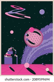 Abstract Space Illustration, Geometric Shapes, Surfaces, Vintage Colors