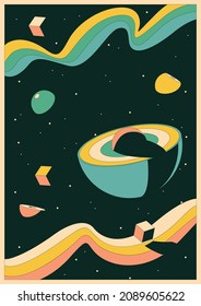 Abstract Space Illustration, Geometric Shapes, Wavy Lines, Vintage Colors