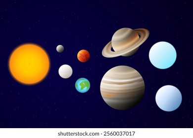  Abstract Space Illustration with Planets of the Solar System. Mercury, Venus, Earth, Mars, Jupiter, Saturn, Uranus, and Neptune Planet.