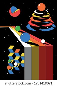 Abstract Space Illustration, Psychedelic 3d Background, Geometric Shapes and 1980s Colors