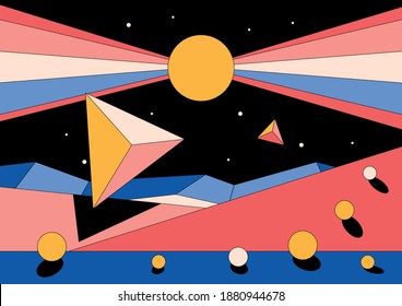 Abstract Space Illustration, Psychedelic Background Geometric Shapes, Vintage Colors