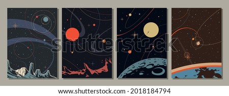 Abstract Space Illustration Retro Art style, Planets, Satellites and Stars