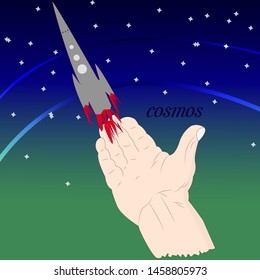Abstract space illustration, rocket launch. Hand and rocket symbol. Vector