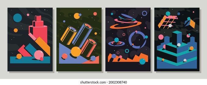 Abstract Space Illustration Set, 1980s Colors and Shapes