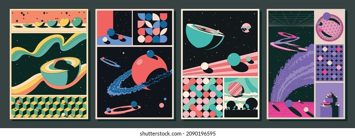 Conjunto de ilustraciones de espacio abstracto, formas geométricas, cuadrículas de perspectiva, colores de vintage