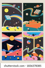 Abstract Space Illustration Set, Psychedelic Geometric Backgrounds, Cover Templates
