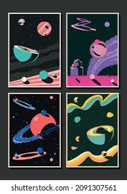 Abstract Space Illustrations, Geometric Shapes, Abstract Background Templates, 1980s Colors