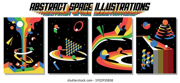 Abstract Space Illustrations, Psychedelic Background Set, 3D Geometric Shapes