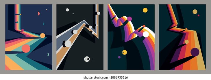 Abstract Space Illustrations, Vintage Colors, Geometric Shapes, Background Set