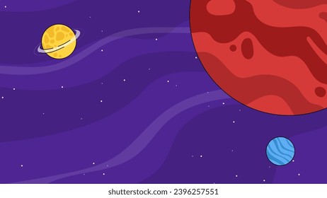 Resumen del paisaje espacial. Fondo colorido con el espacio exterior, estrellas brillantes y planetas. Explorando el universo o la galaxia. Elemento de diseño gráfico para el juego. Dibujo vectorial plano de dibujos animados