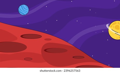 Abstract space landscape. Colorful banner with planets, stars and galaxies in outer space. Study of celestial bodies in universe. Design element for background. Cartoon flat vector illustration