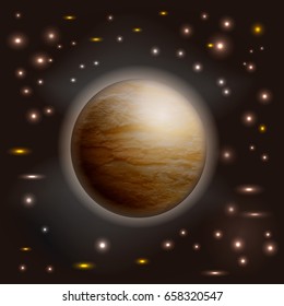 Abstract space landscape. A shining planet against the background of bright stars.
