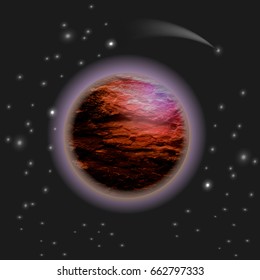 Abstract space landscape. A shining planet against the background of bright stars.