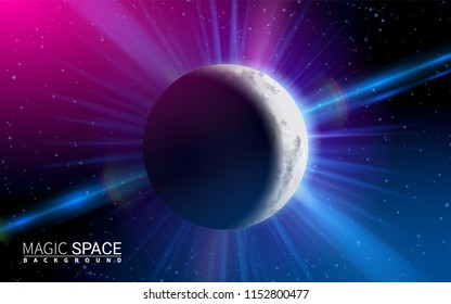 Abstract Space Moon Planet Shining Sun. Effect Realistic Design Elements. Vector Illustration Modern Background