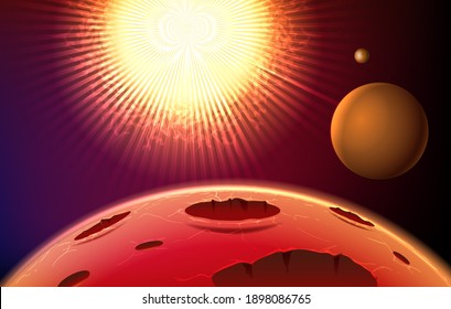 Abstract space planet surface. Moon futuristic apocalypse landscape, planet destruction under burning star explosion vector illustration