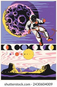 Abstract Space Poster. Astronaut with Smartphone in Outer Space, Extraterrestrial Panorama, Mountains, Asteroid, Sky