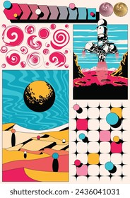 Abstract Space Poster. Landing Module, Dunes, Extraterrestrial Landscapes, Craters, Swirls, Abstract Shapes Background 