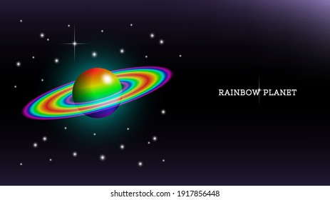 Abstract space poster with rainbow planet inscription. Bright multi-colored rings and radiant white stars. 3d celestial object in the style of Saturn