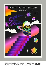 Afiche espacial abstracto. Volante retro con escalera a galaxia oscura desconocida, planetas y cuerpos celestes. Elemento de diseño vintage para la cubierta. Dibujo vectorial plano de dibujos animados aislado en fondo gris