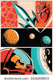 Abstract Space Poster. Space Rocket, Astronaut Helmet, Alien Planets, Heart. Geometric Shapes, 1980s Colors