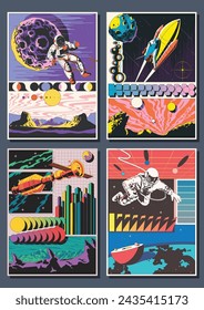 Abstract Space Poster Set. Astronauts, Spacecrafts, Planets, Asteroid, Extraterrestrial Panorama, 3D Effect Shapes, Abstract Dimensions 