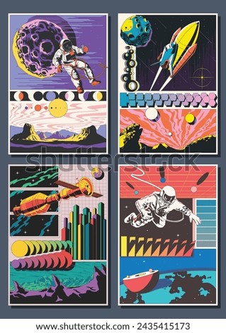 Abstract Space Poster Set. Astronauts, Spacecrafts, Planets, Asteroid, Extraterrestrial Panorama, 3D Effect Shapes, Abstract Dimensions 