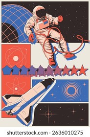 Abstract Space Poster. Space Shuttle, Astronaut in Outer Space, Globe, Galaxy, Stars. Geometric Shapes, 1980s Colors