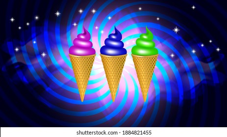 Abstract space poster with stars and spiral. Three colored ice cream cones. EPS10