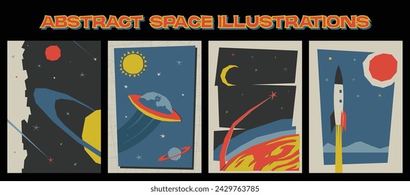 Abstract Space Posters. Space Rocket, Flying Saucer, Planets and Stars, Mid Century Modern Style Illustrations