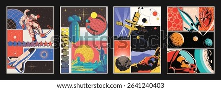Abstract Space Posters. Spacecraft, Astronauts, Rocket, Orbital Station, Alien Planets and Extraterrestrial Landscape. Abstract Dimensions, 3D Effect Geometrical Illustrations